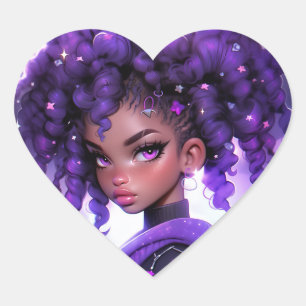 Purple Galaxy Girl with Curly Hair Heart Sticker