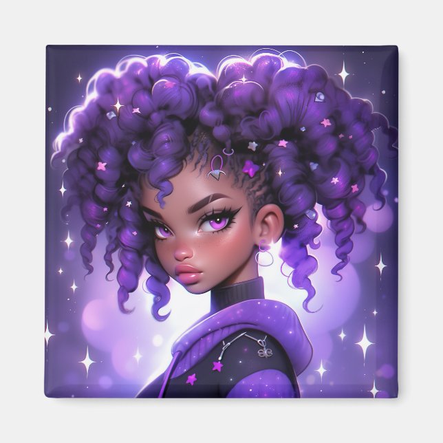 Purple Galaxy Girl with Curly Hair Magnet (Front)