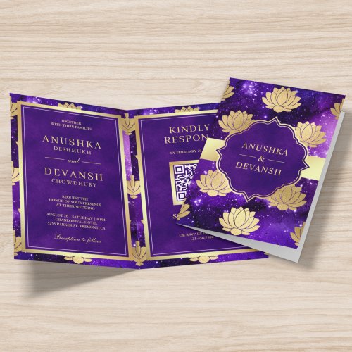 Purple Galaxy Gold Lotus QR Code Indian Wedding Invitation