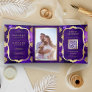 Purple Galaxy Gold Lotus QR Code Indian Wedding Tri-Fold Invitation