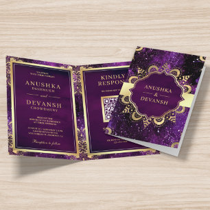 Purple Galaxy Gold Mandala QR Code Indian Wedding Invitation
