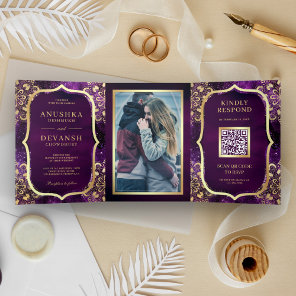 Purple Galaxy Gold Mandala QR Code Indian Wedding Tri-Fold Invitation
