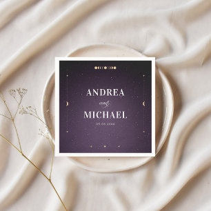 Purple Galaxy Gold Moon Celestial Wedding Party Napkins