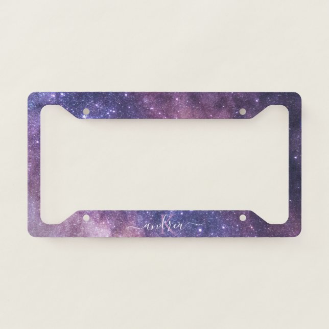 Purple Galaxy Night Sky Cosmic Universe Monogram License Plate Frame (Front)