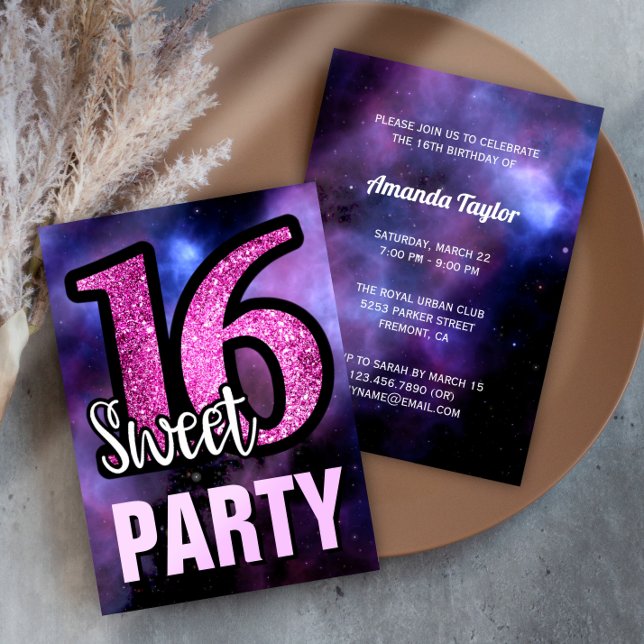 Purple Galaxy Pink Glitter Sweet 16 Birthday Party Invitation