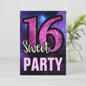 Purple Galaxy Pink Glitter Sweet 16 Birthday Party Invitation (Standing Front)