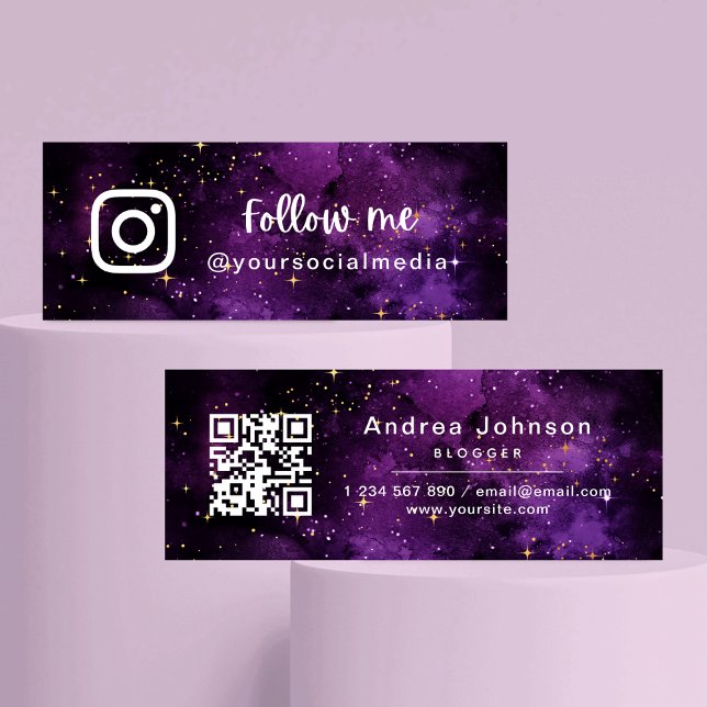 Purple Galaxy Sparkles Follow Social Media QR Code Mini Business Card (Creator Uploaded)