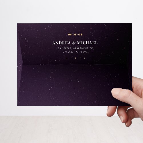 Purple Galaxy Universe Gold Moon Celestial Wedding Envelope