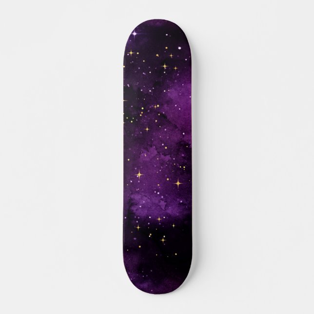 Purple Galaxy Universe Gold Stars Sparkles Cosmic  Skateboard (Front)