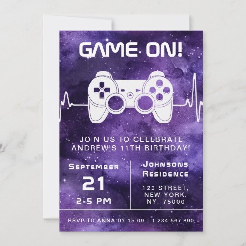 Purple Galaxy Video Game Gamer Kids Birthday Party Invitation