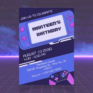 Purple gamer birthday invitation