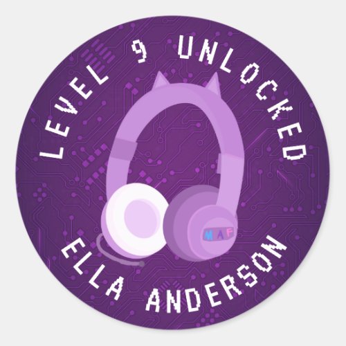 Purple Gamer Name Level Unlocked Birthday Classic Round Sticker