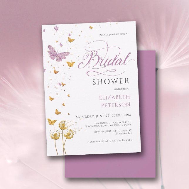 Purple Garden Butterfly Wildflowers Bridal Shower Invitation (purple gold bridal shower invitation butterflies wildflowers garden elegant boho rustic romantic)