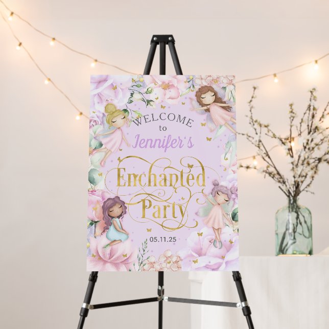 Purple garden fairy, Birthday party welcome sign (In Situ (Stand))