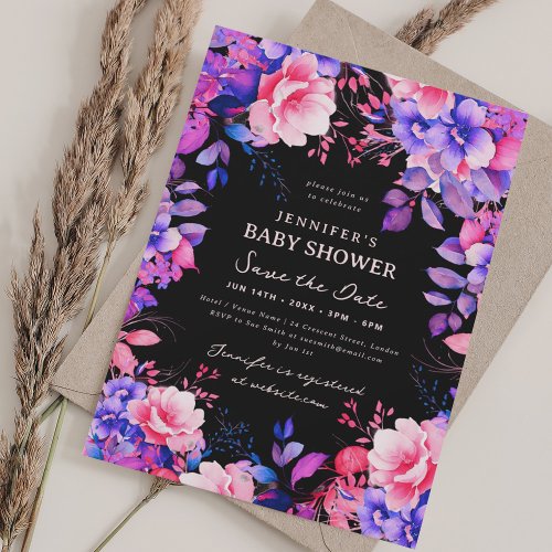 Purple Garden Floral Baby Shower Save Date Black Invitation