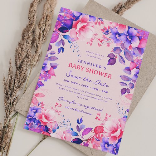 Purple Garden Floral Baby Shower Save Date Blush Invitation