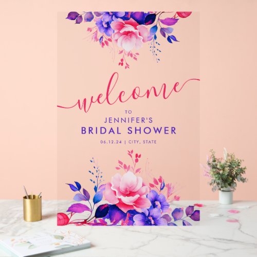 Purple Garden Floral Bridal Shower Welcome  Acrylic Sign