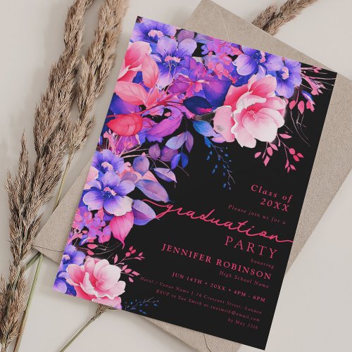 Purple Garden Floral Graduation Party Black Invitation