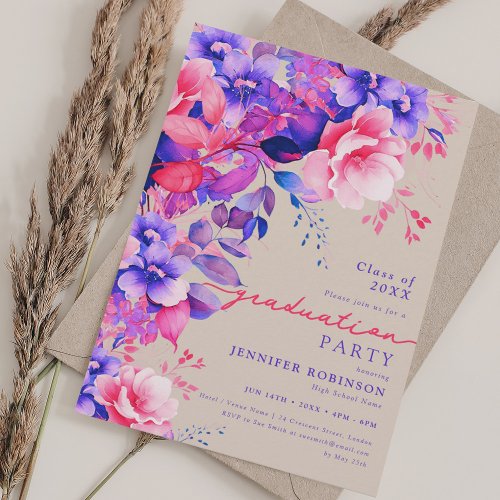 Purple Garden Floral Graduation Party Champagne Invitation