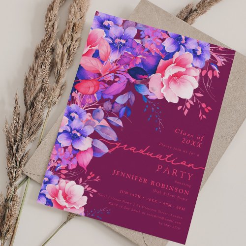 Purple Garden Floral Graduation Party Magenta  Invitation