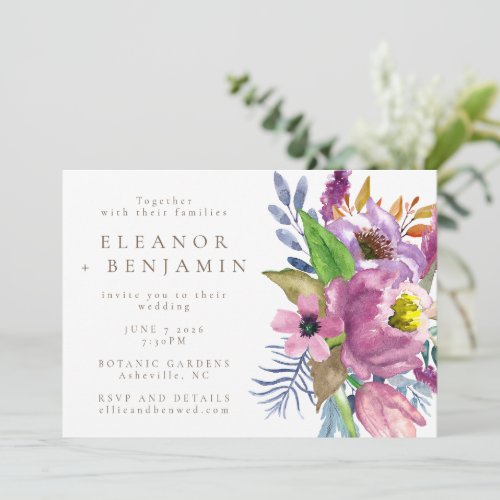 Purple Garden Floral Minimalist All In One Wedding Invitation
