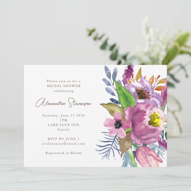 Purple Garden Floral Minimalist Bridal Shower Invitation (Standing Front)