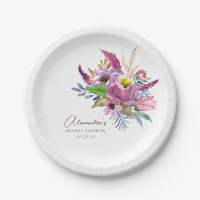 Purple Garden Floral Minimalist Custom Shower Paper Plates (Front)