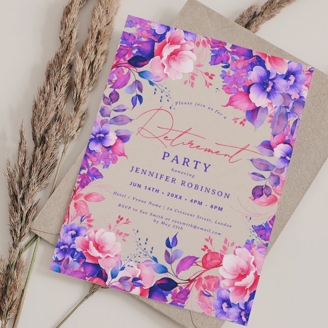 Purple Garden Floral Retirement Party Champagne Invitation (Purple Garden Floral Retirement Party Champagne Invitation)