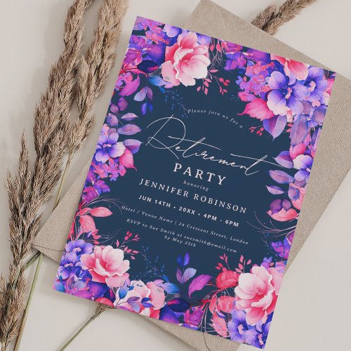 Purple Garden Floral Retirement Party Navy  Invitation