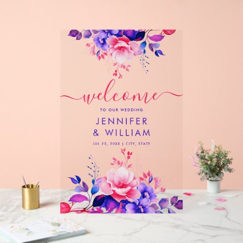 Purple Garden Floral Script Wedding Welcome Acrylic Sign