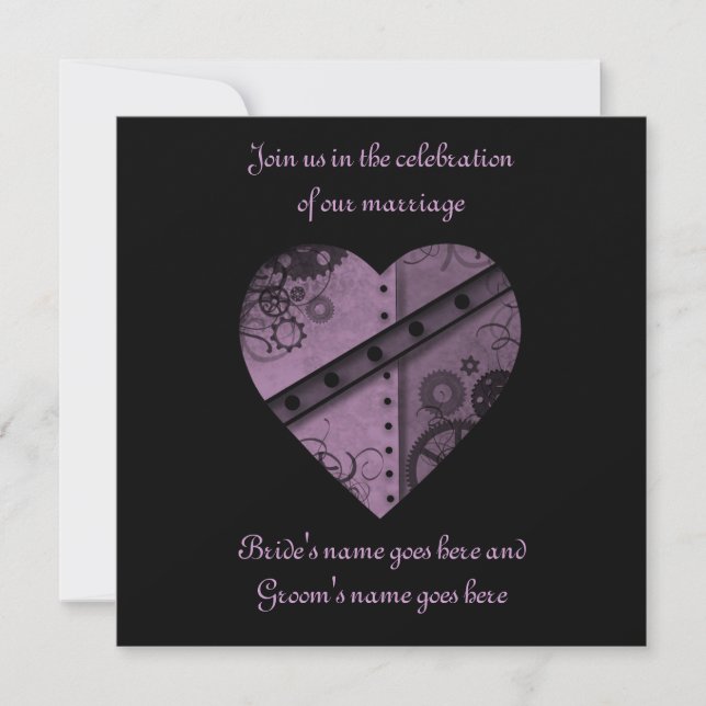 Purple gears heart wedding square invitation (Front)