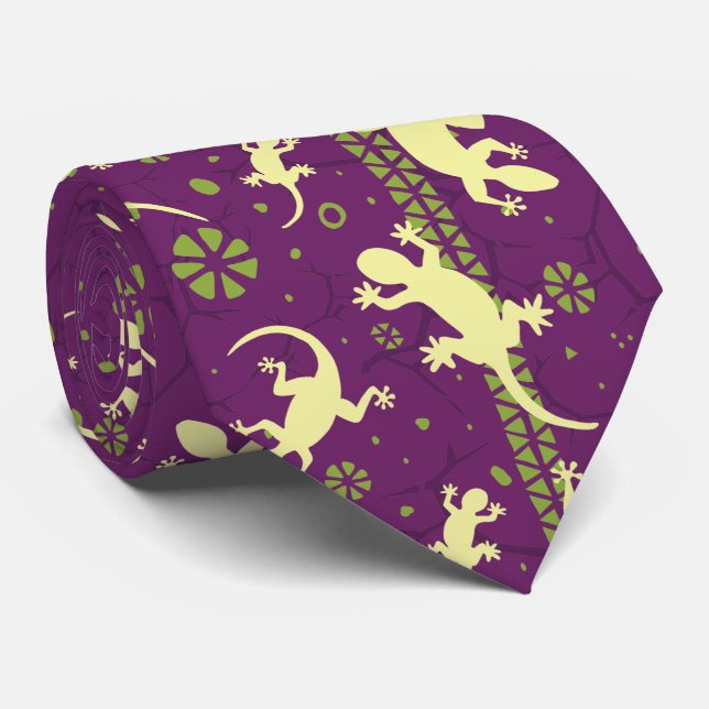 Purple Gecko Lizard Cactus Print Neck Tie (Rolled)
