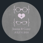 Purple Geeky Glasses Chalkboard Wedding Stickers<br><div class="desc">Quirky and chic Geeky Glasses Chalkboard Wedding Stickers in lavender featuring a cute heart flanked by two pairs of nerdy eyeglasses, a manly pair and a girly pair representing the groom and bride on a chalkboard look background. These offbeat wedding stickers are perfect for your geek wedding! Easy to customize,...</div>