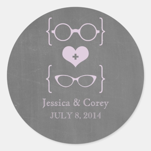 Purple Geeky Glasses Chalkboard Wedding Stickers (Front)