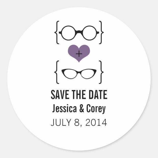 Purple Geeky Glasses Save the Date Stickers (Front)