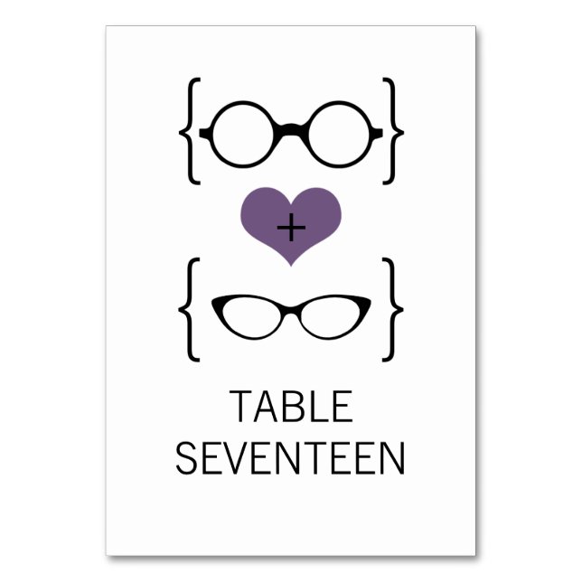 Purple Geeky Glasses Wedding Table Card (Front)