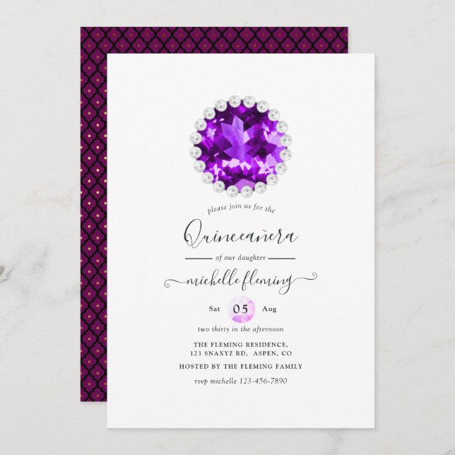 Purple Gemstone Mardi Gras Birthday Party Invitation (Front/Back)
