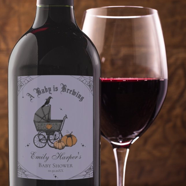 Purple Gender Neutral Baby is Brewing Baby Shower Wine Label (Gothic Halloween Baby Shower  A Baby is Brewing Wine Label in Purple. Hand Drawn Vintage Carriage)