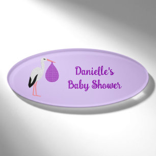 Purple gender neutral Baby Stork Baby Shower Name Tag