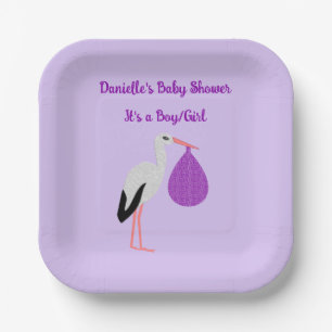 Purple gender neutral Baby Stork Baby Shower Paper Plates
