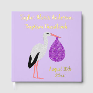 Purple gender neutral Baby Stork Baptism Foil Guest Book