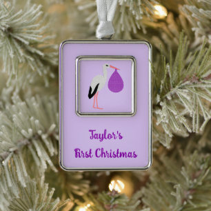 Purple gender neutral Baby Stork Custom Christmas Ornament