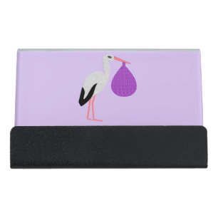 Purple gender neutral Baby Stork Desk Business Card Holder