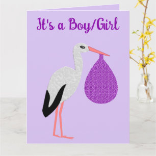 Purple gender neutral Baby Stork Gender Reveal Card
