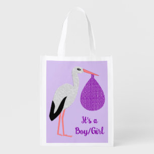 Purple gender neutral Baby Stork Gender Reveal Grocery Bag