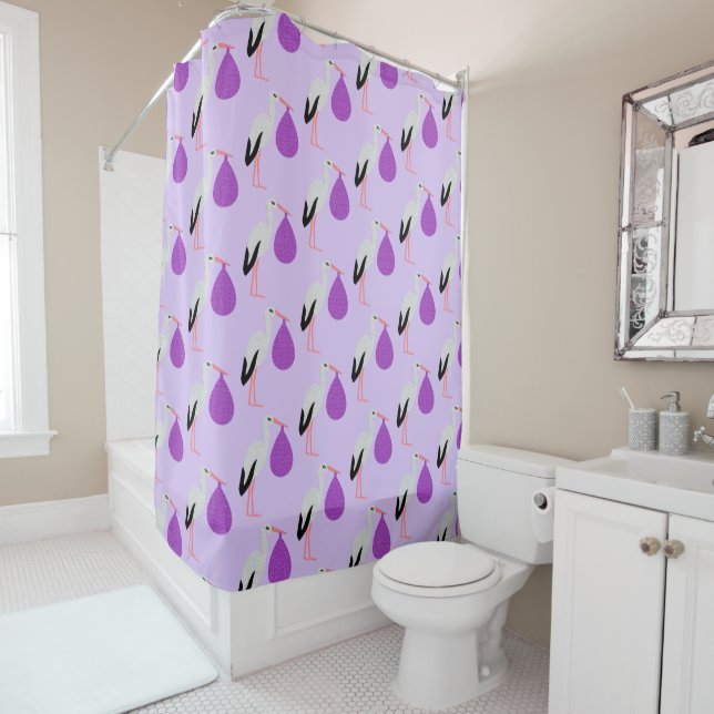 Purple gender neutral Baby Stork Patterned Shower Curtain (In Situ)