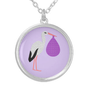 Purple gender neutral Baby Stork Silver Plated Necklace