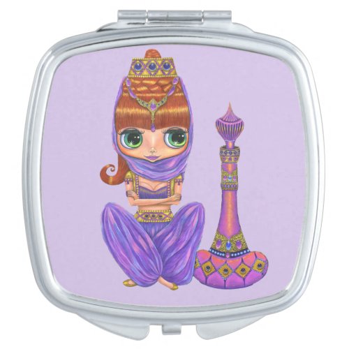 Purple Genie Girl Red Hair Magic Bottle Jewels Compact Mirror