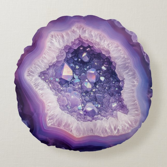 Purple Geode Rock Mineral Agate Crystal Modern Round Pillow (Front)