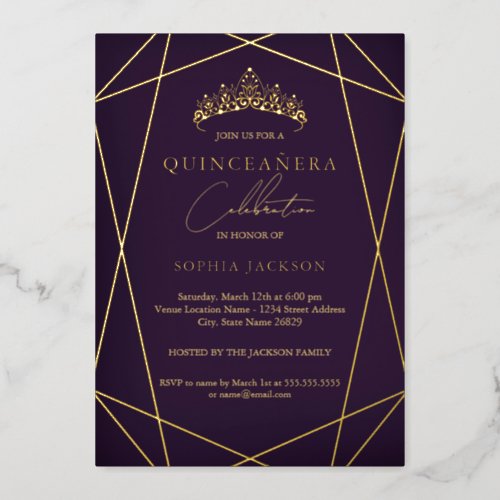 Purple Geometric Gold Elegant Quinceanera Foil Invitation